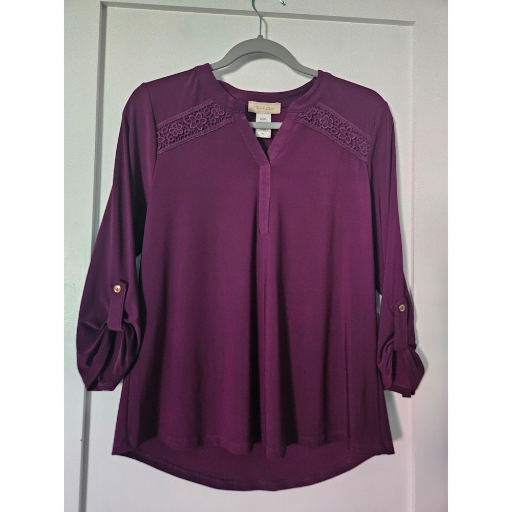 Front of Closet Plum Purple Lace Inset Blouse Petite Large PL Roll Tab Sleeve To